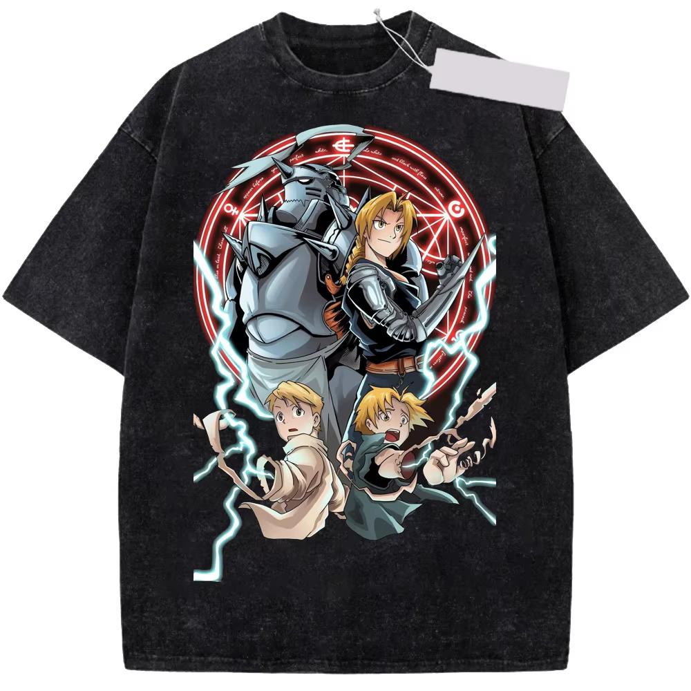 Alphonse Elric Fullmetal Alchemist Grafische Print T-shirt Mannen Vrouwen Ronde Hals Katoen Vintage Gewassen Zomer Nieuw T-shirt Los Casual Oversized Harajuku Mode