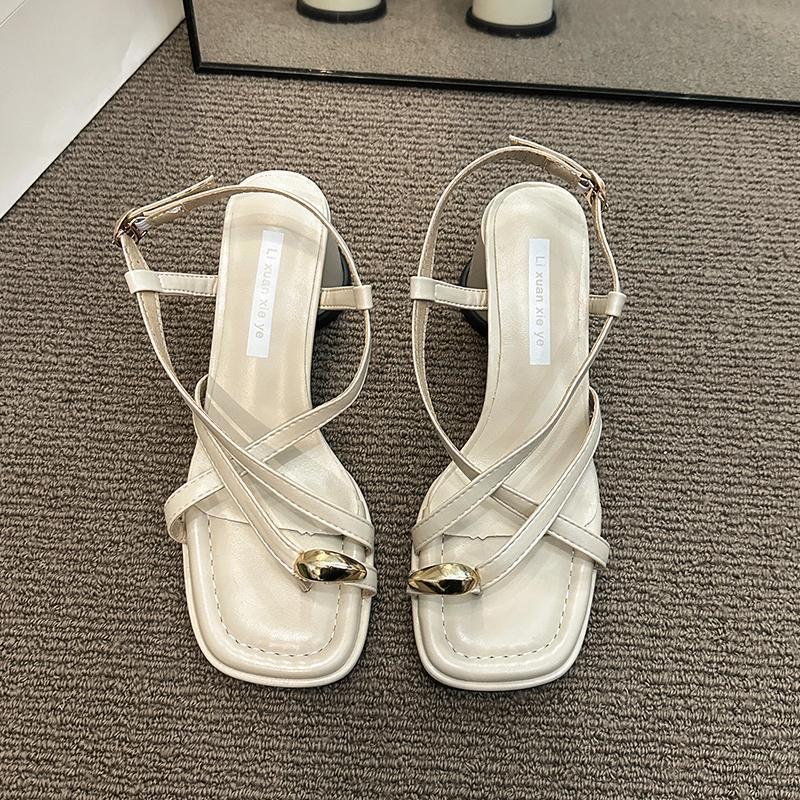 High-heeled Sandals Women's 2025 New Thick-heeled Toed Roman Shoes French Temperament Niche Pinch Foot Word Belt