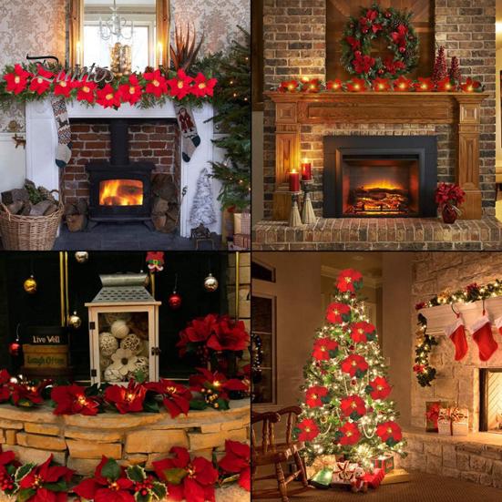 Red Flower Hanging Lights Christmas Poinsettia String Lights, 200/300cm Green Floral Garland, Battery/USB Fireplace Garland Lighting Operated