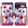 Handmade PU Leather Flip Case for Google Pixel 7 Pro Anti-Slip Shockproof Cover with Wrist Strap & Heart/Rose Cat Designs