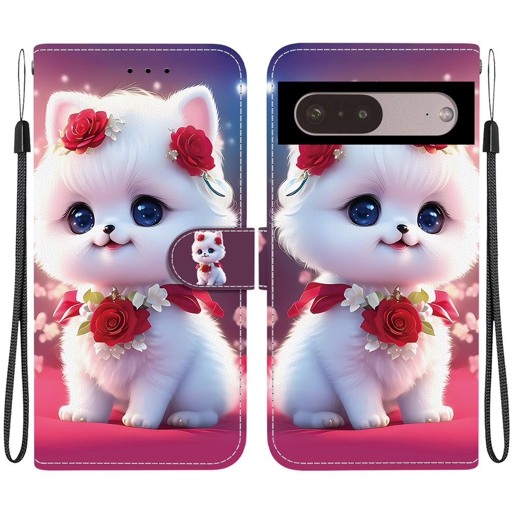Handmade PU Leather Flip Case for Google Pixel 7 Pro Anti-Slip Shockproof Cover with Wrist Strap & Heart/Rose Cat Designs