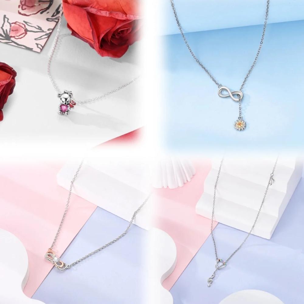 925 Silver Lucky Unicorn Necklace with Butterfly Firefly Bear Paw Print Zircon Chain Link Heart Jewelry for Women