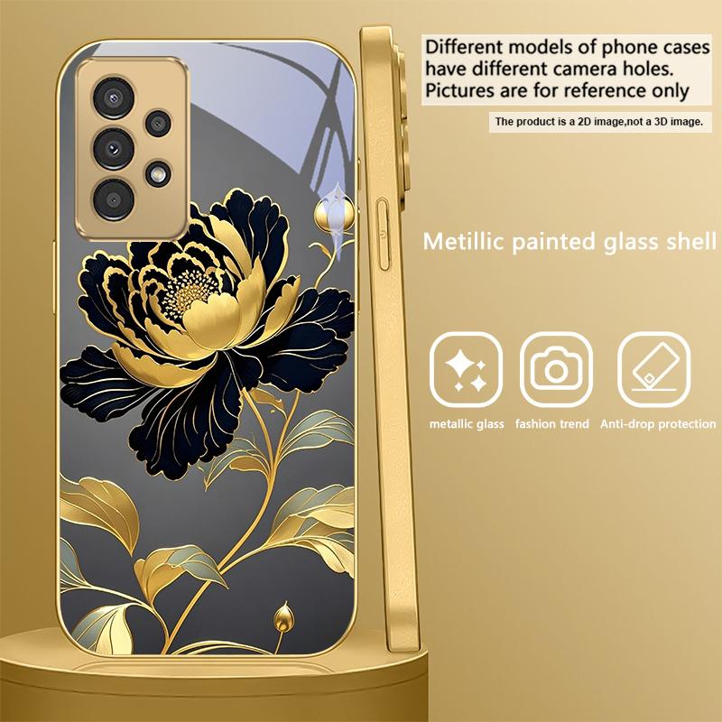 Black Gold Peony Flower For Samsung A 31 32 A33 A34 35 14 A15 13 16 25 26 50 52 53 54 55 56 70 71 72 73 Golden glass phone case