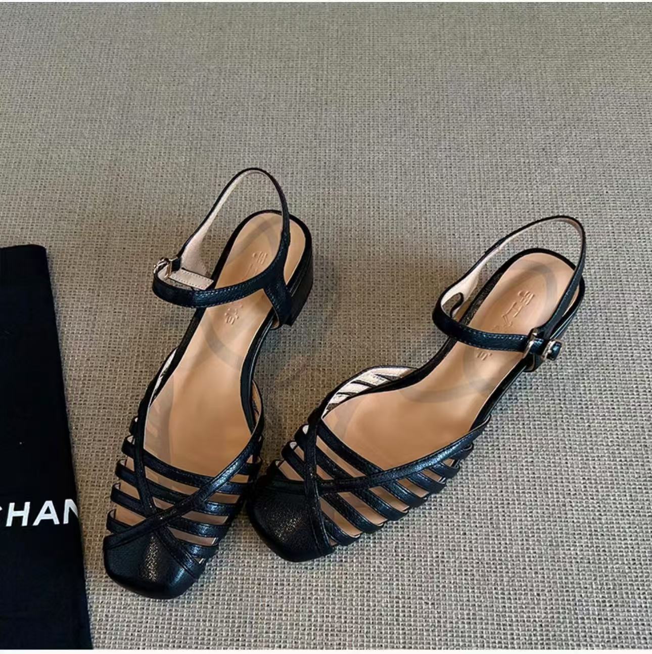 

Sheepskin version non-slip thick heel thin belt combination hollow buckle rear empty bag head sandals women s middle heel 40