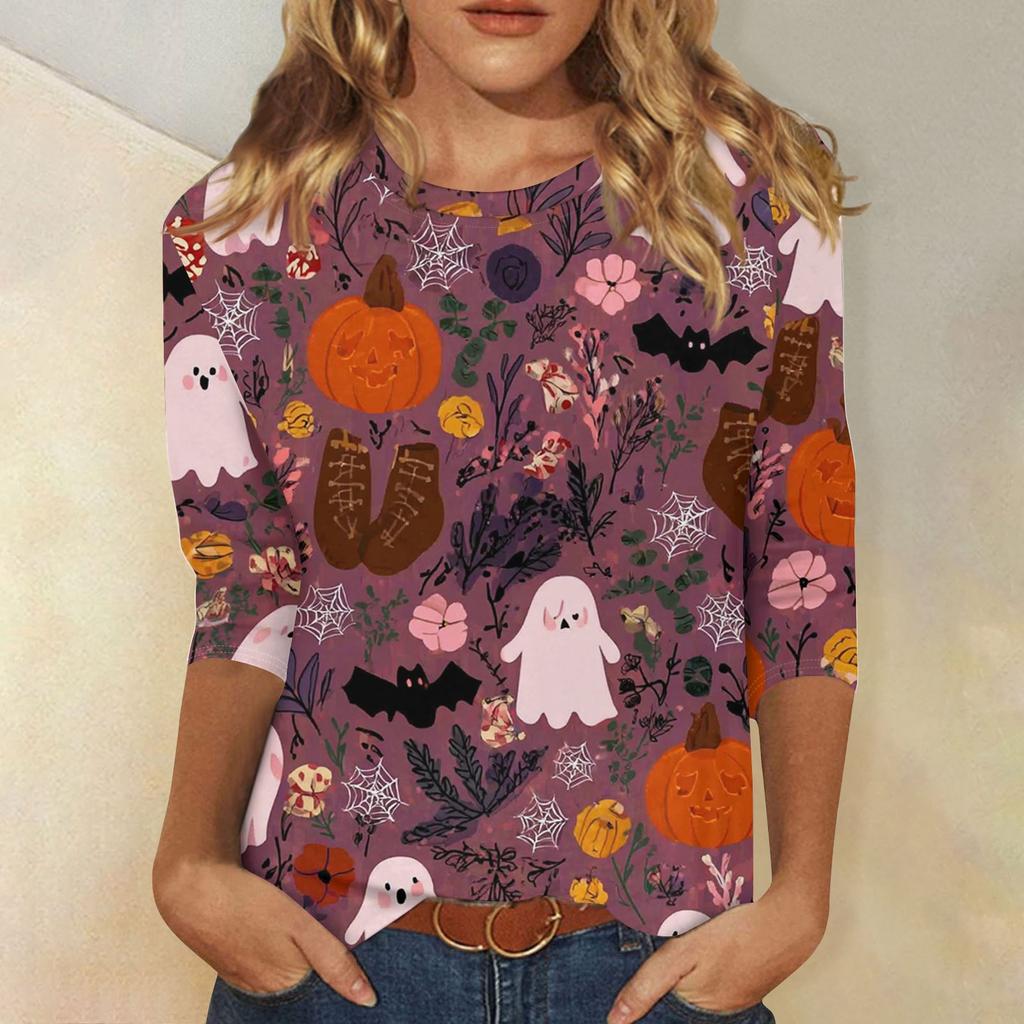 Women's Fashion Casual Three-quarter Sleeve Halloween Printed Round Neck Top