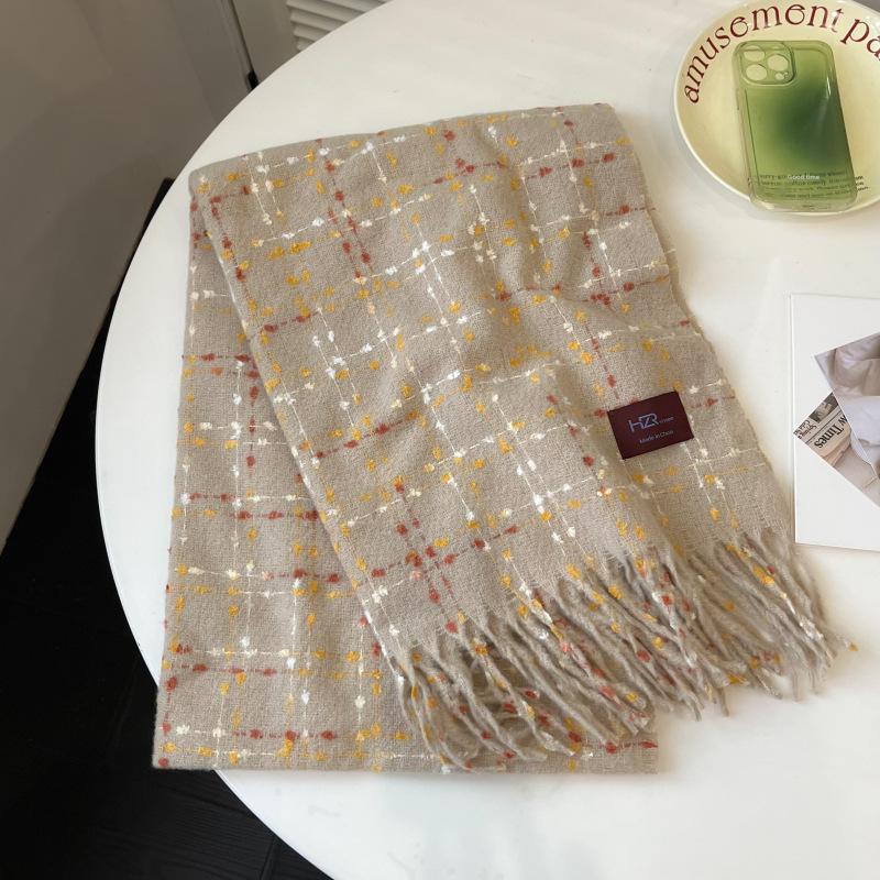 White Plaid Scarf, Women's Winter High-end Sense Versatile Scarf, Student Japanese Color Dot Shawl, Warm and Thickened Outside