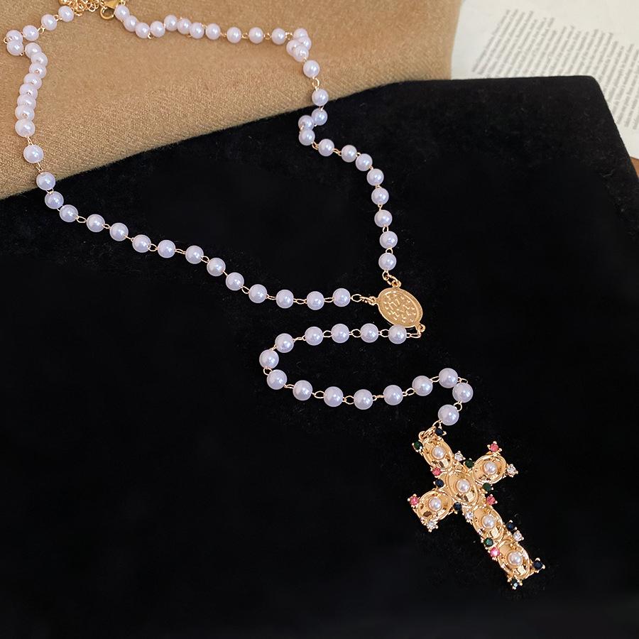 Подвеска-крест с жемчугом и стразами, цветок, цепочка для свитера, ожерелье - Элегантный европейский и американский стиль