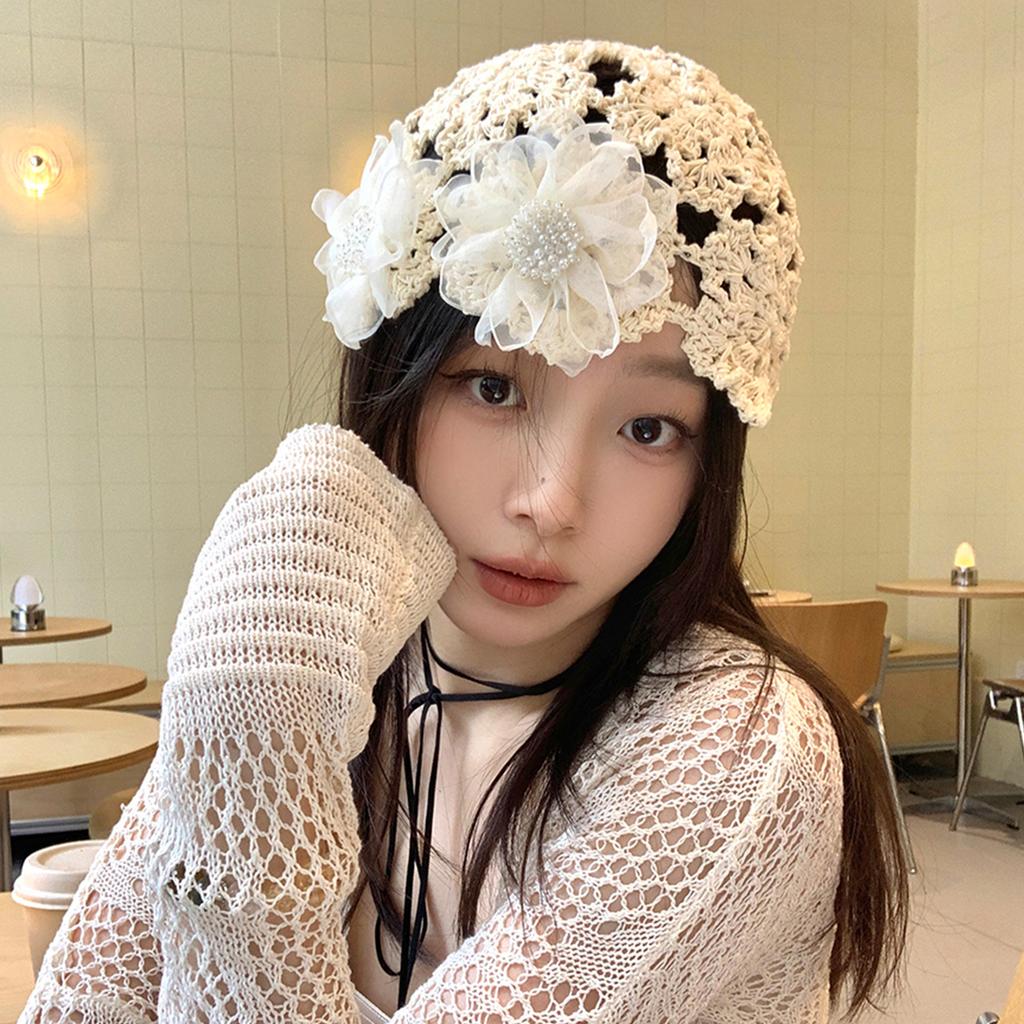 Handcrochet Hat for Women Fashion 2000s Flower Beanies Hat for Teens Girl Outdoor Shopping Photo Hat Aesthetic Skull Hat