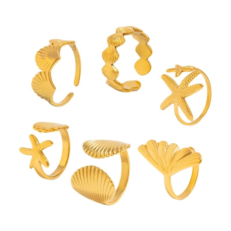 

6 Piece Marine Summer Jewelry Adjustable Rings Set Starfish Shell Design Alloy Stackable Gift for Her Beach Holiday