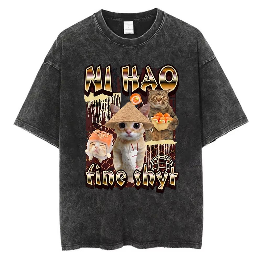 Vintage Funny Cat Graphic ShortSleeve Oversized Tshirt Cute Sushi Cat Meme Casual Cotton Top Tee Kawaii Clothes Unisex S разноцветный