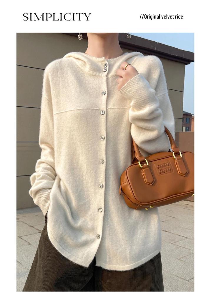 Pure Wool Women's Autumn/Winter 2024 Round Neck Hooded Button-Up Knit Cardigan Sweater Coat