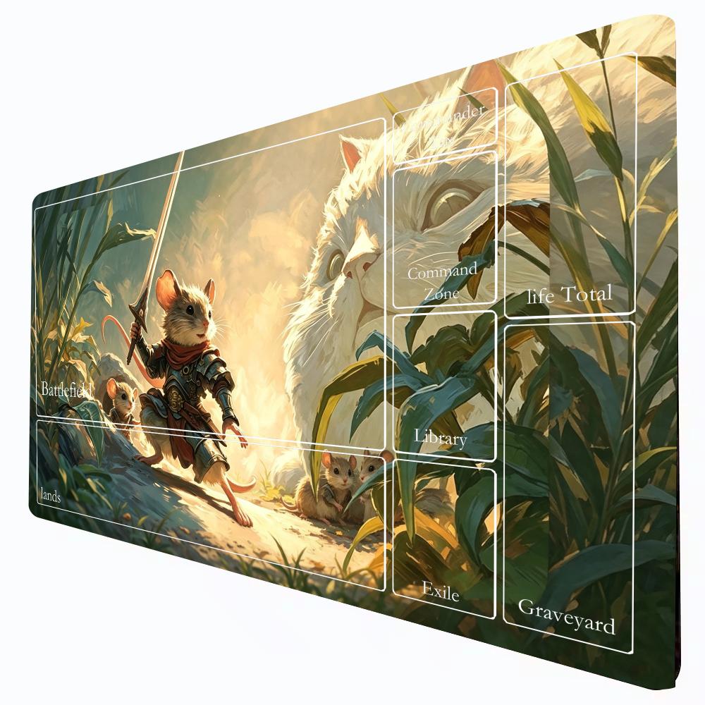 Knight Mouse & White Cat Zoned MTG Commander Playmat Magic The Gathering DeskMat 600x350MM Non-Slip Rubber Trading Card Game Pad