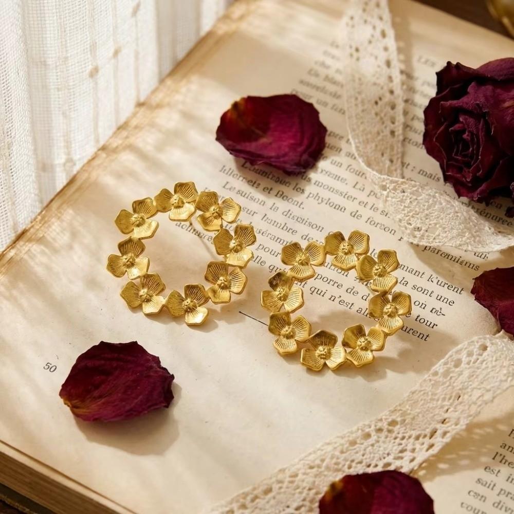 Stainless Steel Floral Wreath Earrings Waterproof Women Earrings Trendy Flower Circle Studs Gift