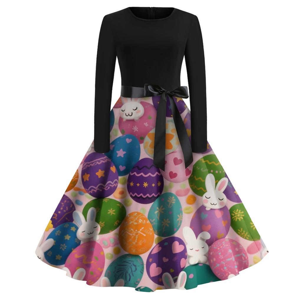 Women's Fashion Round Neck Casual Slim-fit Easter Printed Large Swing Long Sleeve Dress
