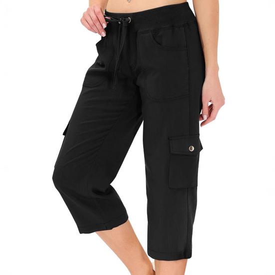 Cropped Pants Adjustable Waist Breathable Stretchy Fabric Women Summer Pants with Pockets Outdoor Travel Mid-calf Length Pants