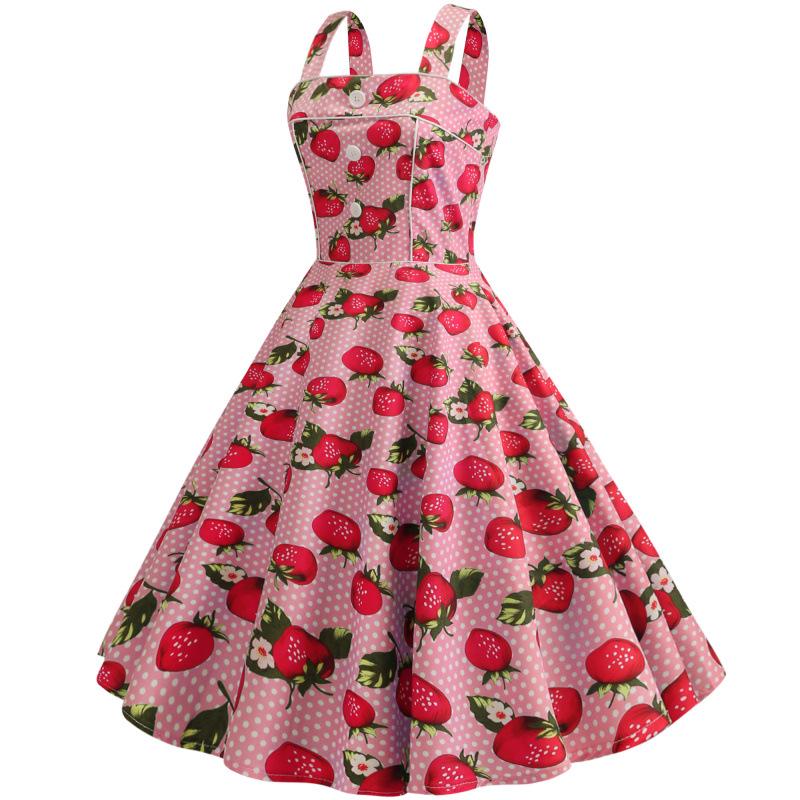 Vintage Retro Print Large Swing Skirt Suspender Dress for Women