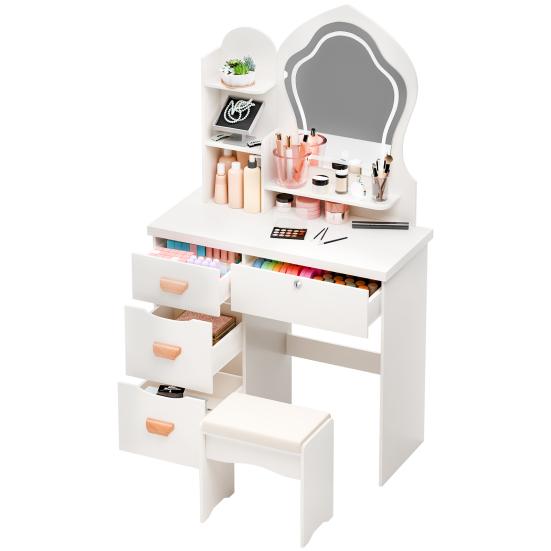 Makeup Vanity Desk with LED Lighted Crown-shaped Mirror, Vanity Table with 4 Drawers and Opening Shelves, Bedroom Dressing Table with