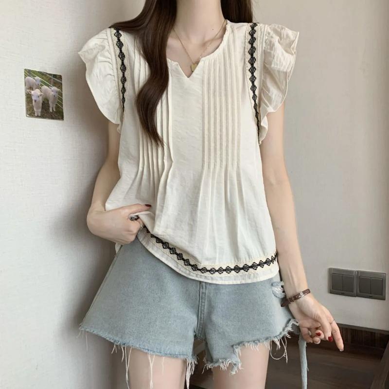 French Ruffled Small Flying Sleeves Navy Blue V-neck Shirt Women's Summer Large Size Doll Shirt Ethnic Style Top