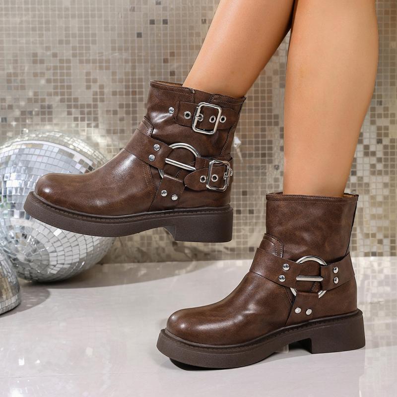 Punk Metal Belt Buckle Decoration Ankle Boots Women 2025 Autumn Medium Heel Slip On Western Booties Bohemia Brown Riding Boots