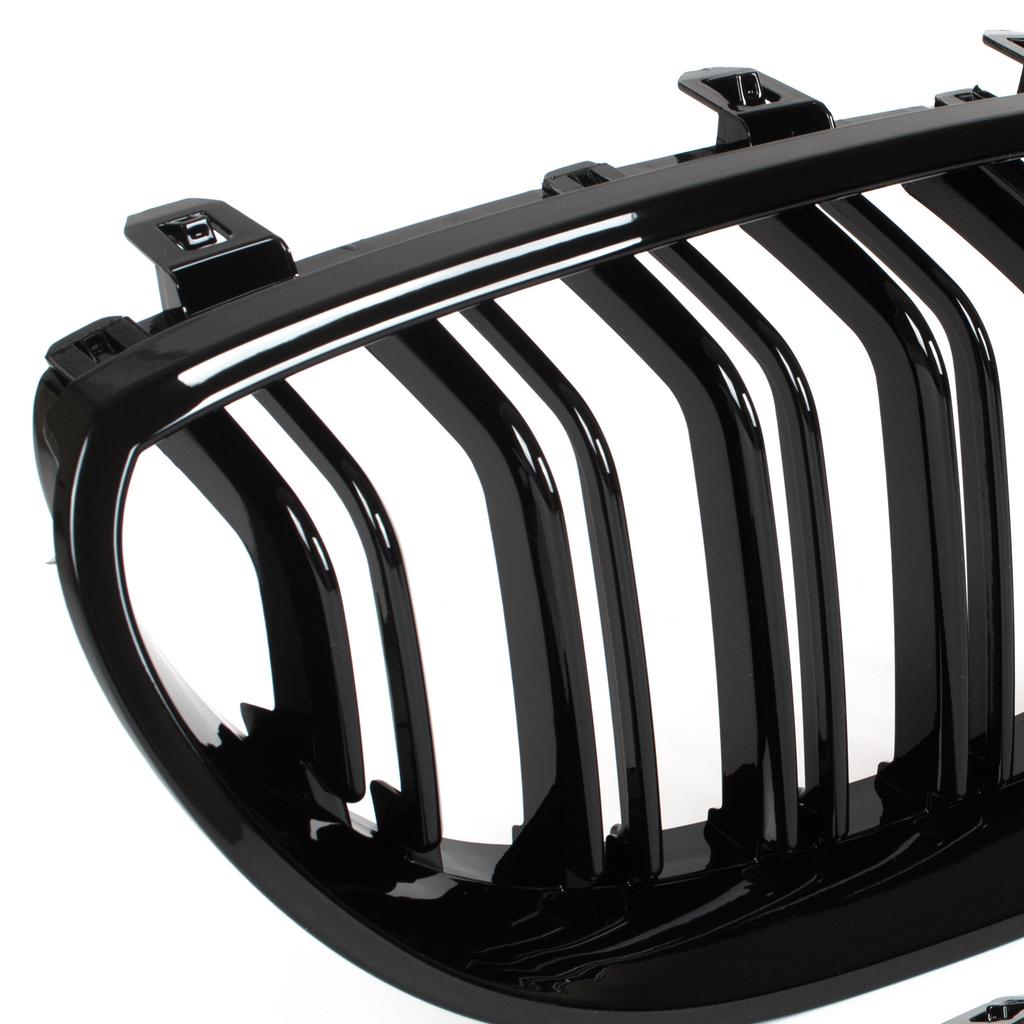 BMW 5 E60 / E61 03-10 Kühlergrill zwischen den Scheinwerfern (Nieren) Set links + rechts SCHWARZ GLÄNZEND DOPPELSTREBE GEKRÜMMTE LAMELLEN
