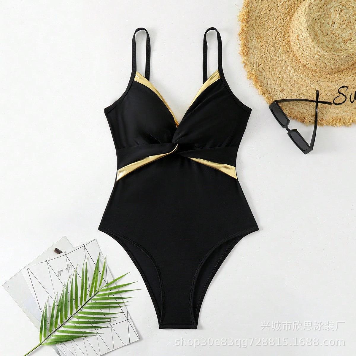 One-piece solid color spliced women s swimsuit, European and American sexy bikini S чёрный