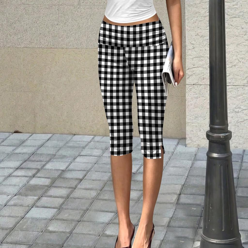 Damen Slim Fit Bedruckte Cropped Hose mit Knittertextur Dehnbarer Bund Lässige Sieben-Viertel-Hose für den Alltag