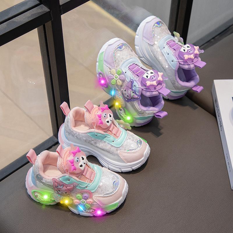 Girl's New Model Rotating Buckle Sports Shoes with Breathable Lights and Dad-style Design