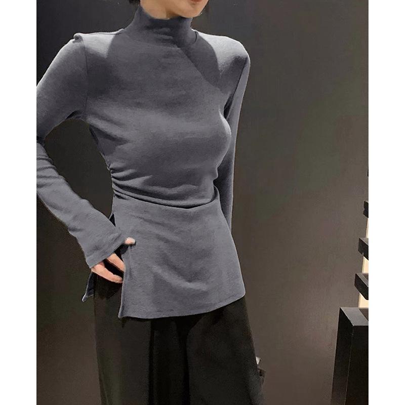 Women's Slimming Double-Sided Velvet Half-High Neck Top – Slim Fit, Flaw-Concealing Design, Niche Autumn/Winter Layer with Slit