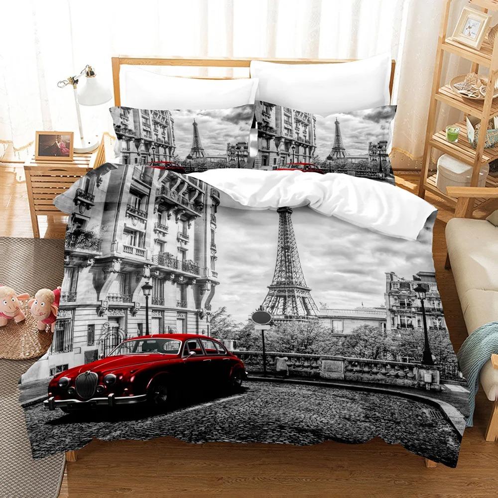 Eiffel Tower Duvet Cover Set Europe City Building Theme Flower Bedding Set Polyester King Queen Size Quilt Cover For Teens Kids