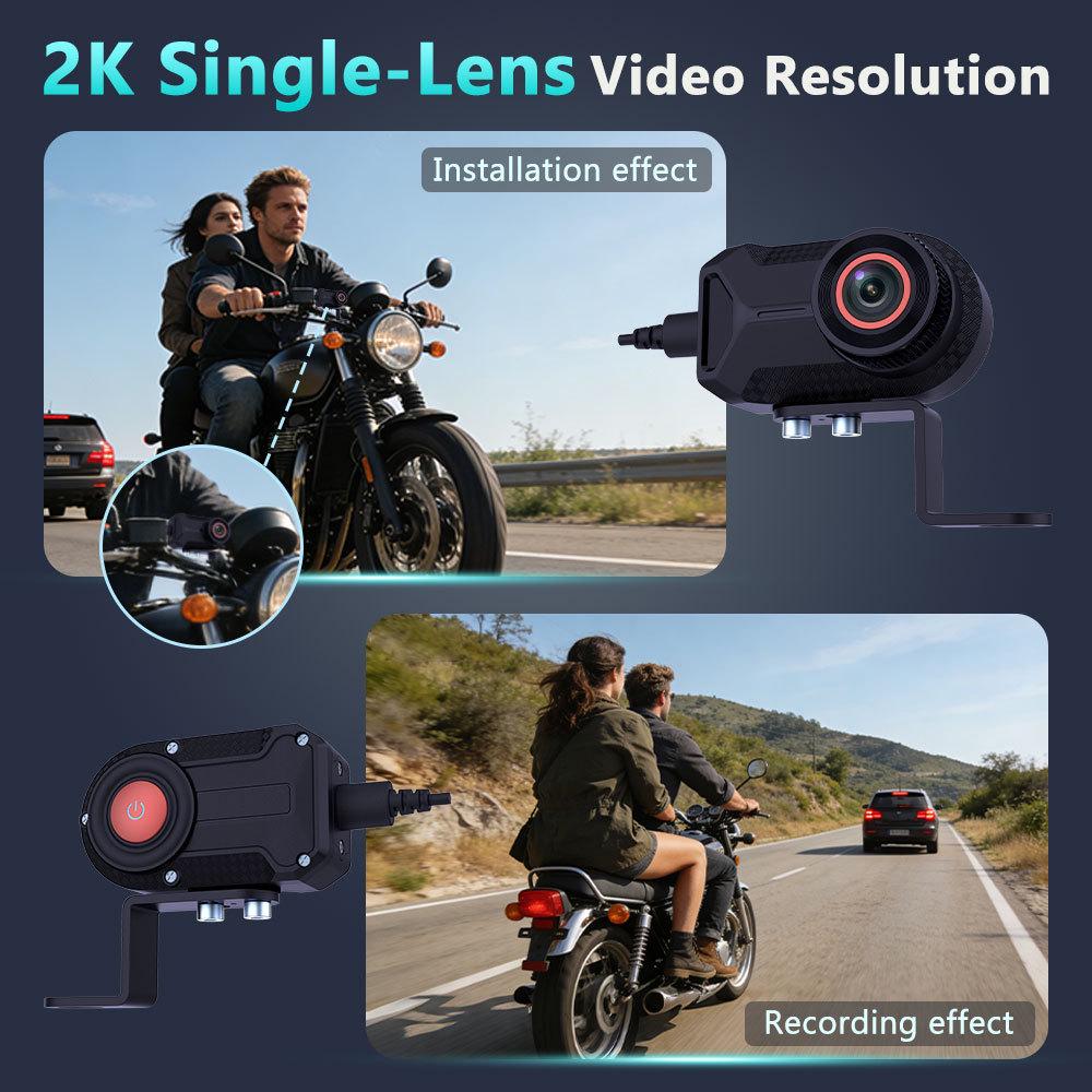 2K HD Motorcycle Dash Cam with WiFi, Image Stabilization, and IP66 Waterproof.