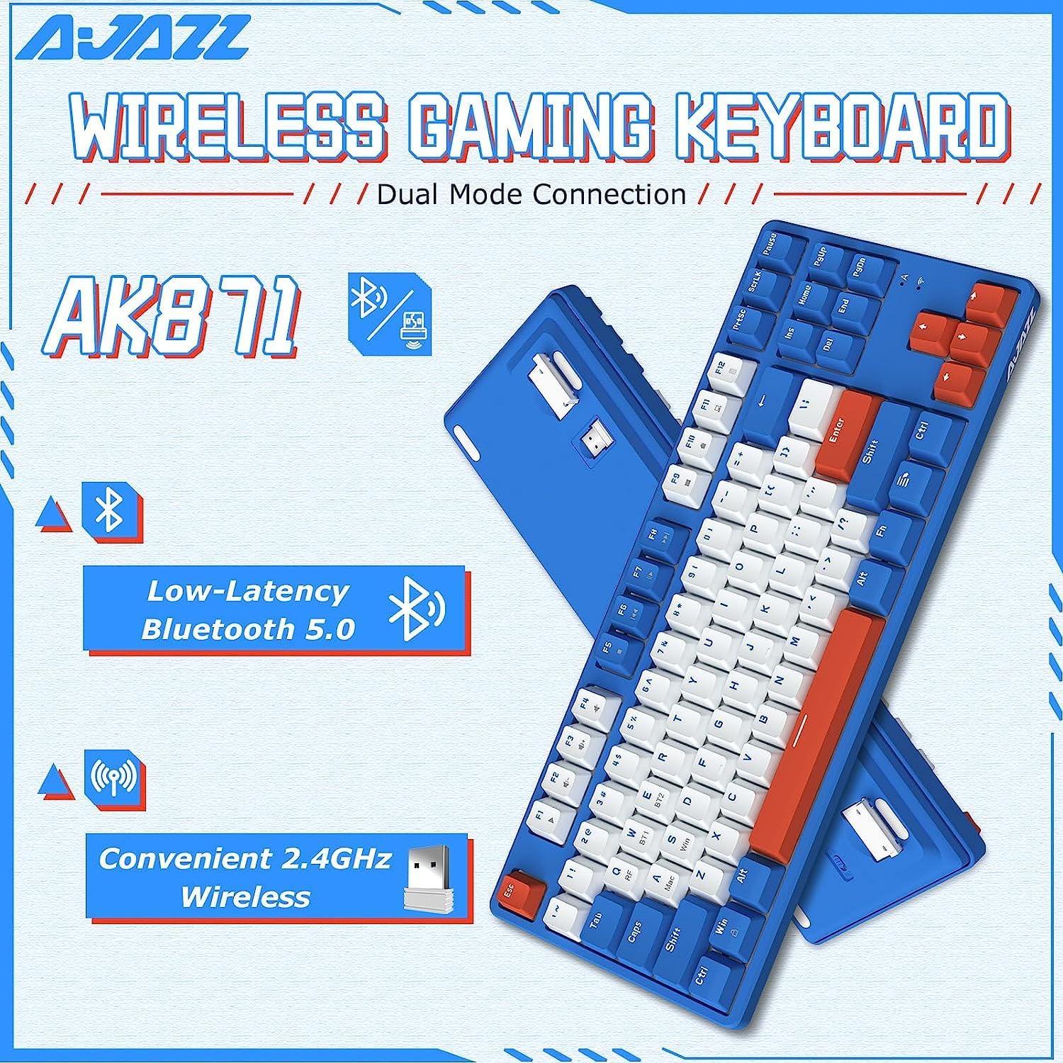 

AJAZZ AK871 Gaming Keyboard Hot-swappable Wireless Bluetooth 2.4G Receiver For Gaming Office Blue Switch синій
