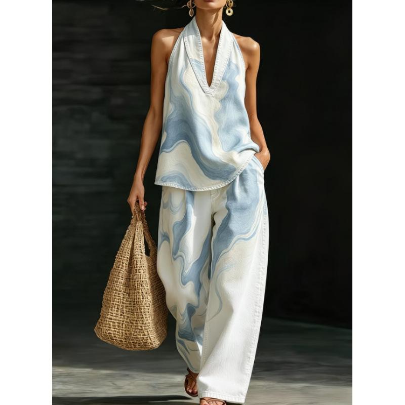 1116 set European and American women's clothing printed neck V-neck sleeveless casual pants set
