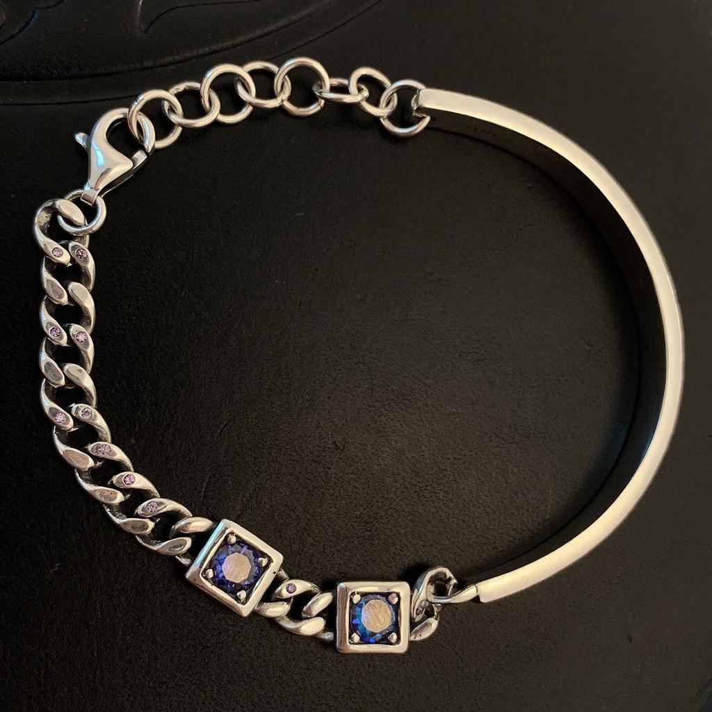 Korean Style S925 Silver Plated Retro Graffiti Patchwork Bangle - Women's Hip Hop Fashion Trend Bracelet