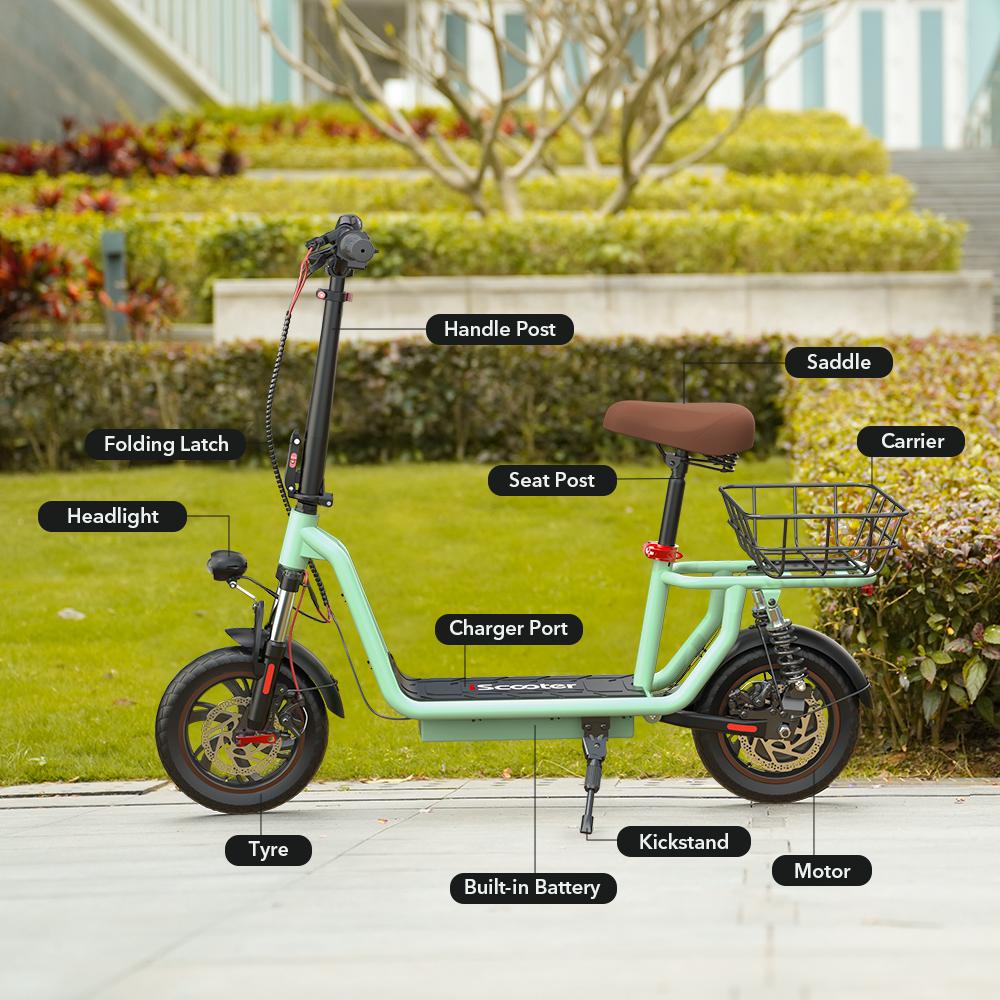 iScooter I12 12-inch Electric Scooter - 35km Range, 500W Motor, Dual Suspension System, Foldable + Seat, Convenient for commuting,Green