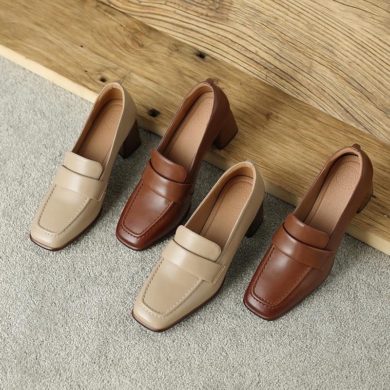 Fashion 2025 Spring New Cow Leather Women Shoes LEISURE Women Slip-On Shallow Pumps Square Toe High Heels Shoes Women Zapatos De Mujer