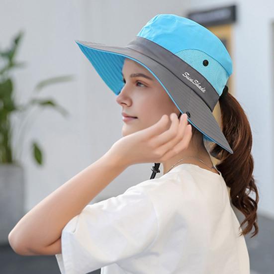 Women Summer Sun Hat Hollow Mesh Windproof Strap Wide Brim Anti-UV Sun Protection Foldable Portable Gardening Fishing Travel Cap Outdoor Fisherman Hat