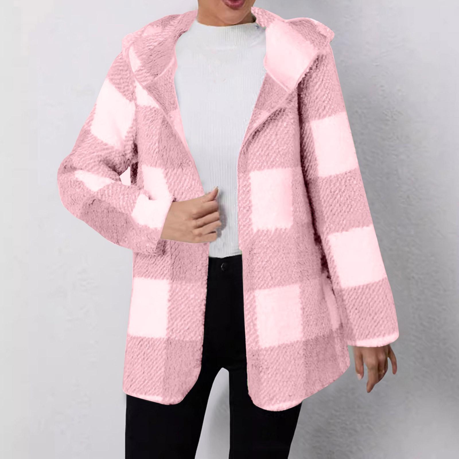 

Женская клетчатая шерстяная плюшевая куртка с капюшоном, повседневная куртка с длинными рукавами и карманами в стиле колор-блок L розовый