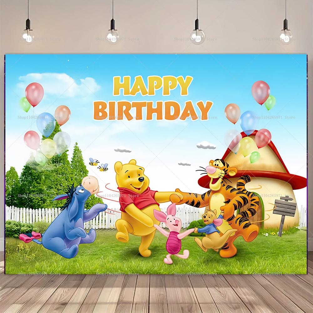 Winnie The Pooh Backdrop Kids Birthday Decoration Background Bear Friend Tiger Vinyl Polyester Photography Decor Props