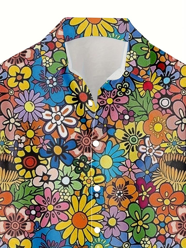 Men's Casual Hip-Hop Rock Streetwear Hawaiian Shirt with Colorful Floral Doodle Art 3D Print