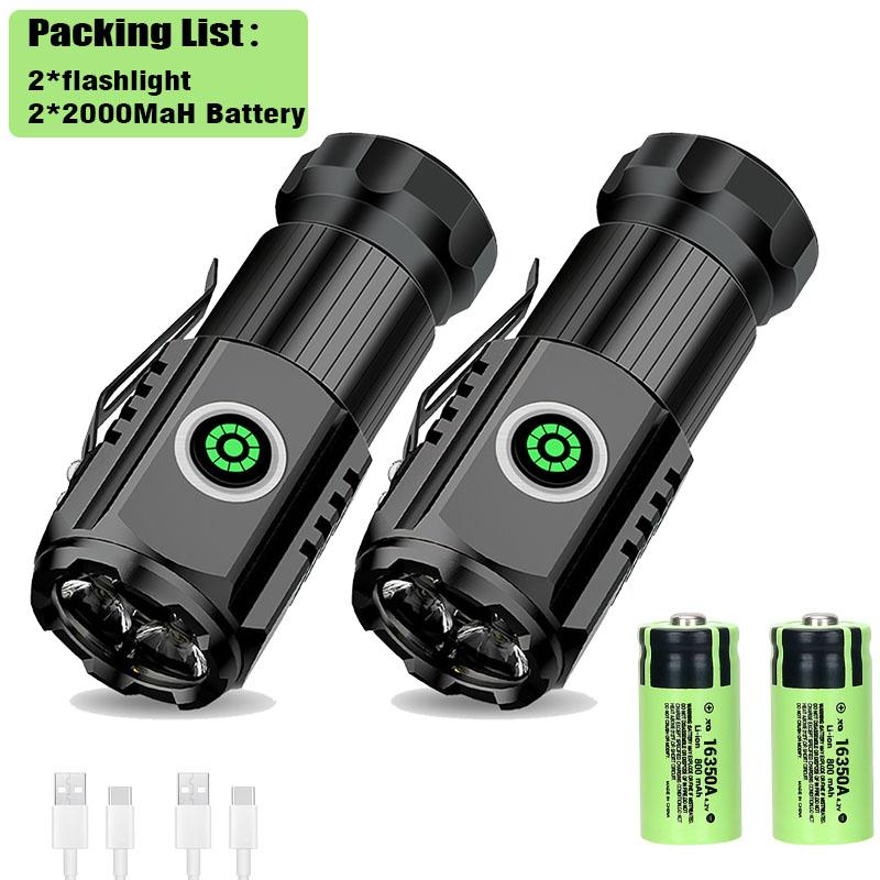 2000LM Powerful Portable Mini LED Flashlight 3LED Ultra Strong Light 18350 Battery USB C Rechargeable With Magnet Torch