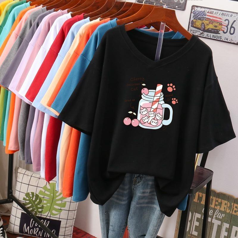 

Женская футболка с коротким рукавом, большого размера, свободная и стройнящая, топ с V-образным вырезом с принтом 4XL чёрный