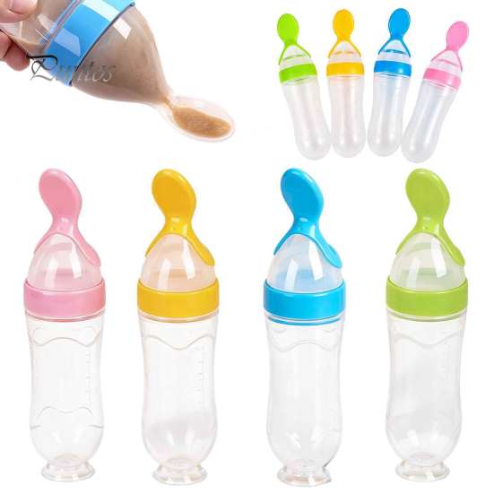 Infant Complementary Food Feeder Baby Silicone Squeeze Spoon, Single-handed Rice Cereal Bottle with Flow Control, Easy Clean Dispensing Spoon