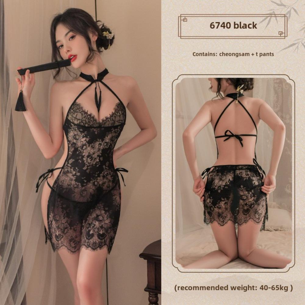 Vintage Perspective Lace Cheongsam Sex Underwear Sexy Transparent Uniform Sex Clothes
