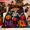 Blanket 1pc Skull with Colorful Blossoms 2D-Printed Flannel Throw Blanket - Soft And Cozy Suitable for Use On The Sofa While Trave