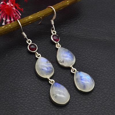 925 Sterling Silber Ohrring Roter Granat Mondstein Tropfenohrring Boho Ohrring Handgefertigter Designer Drop & Dangle Ohrring Geschenk für Weihnachten