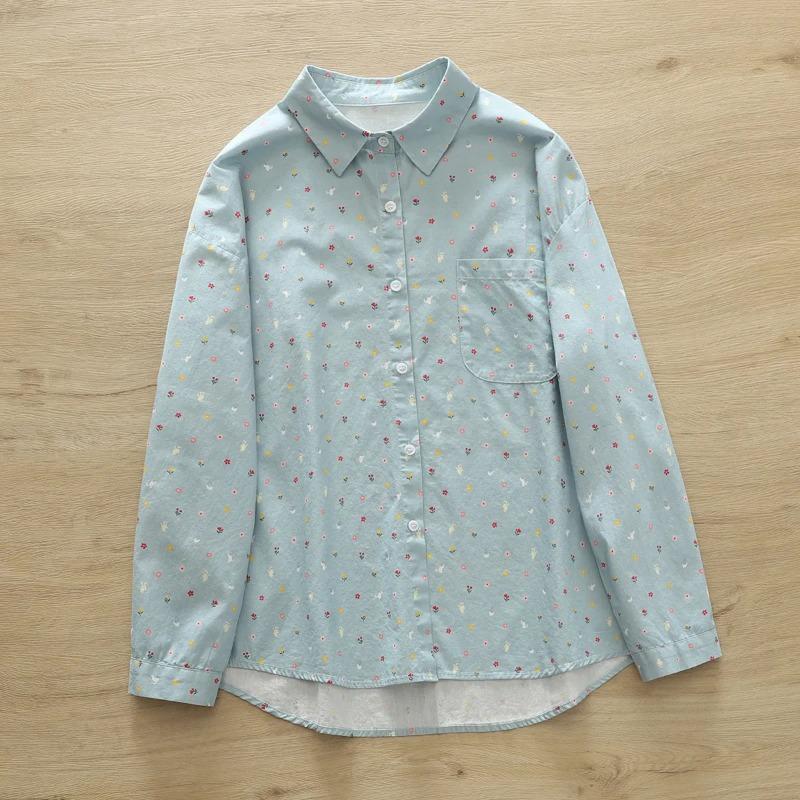 Women Light Blue Floral Cat Print Lapel Button Down Long Sleeve Shirt OneSize