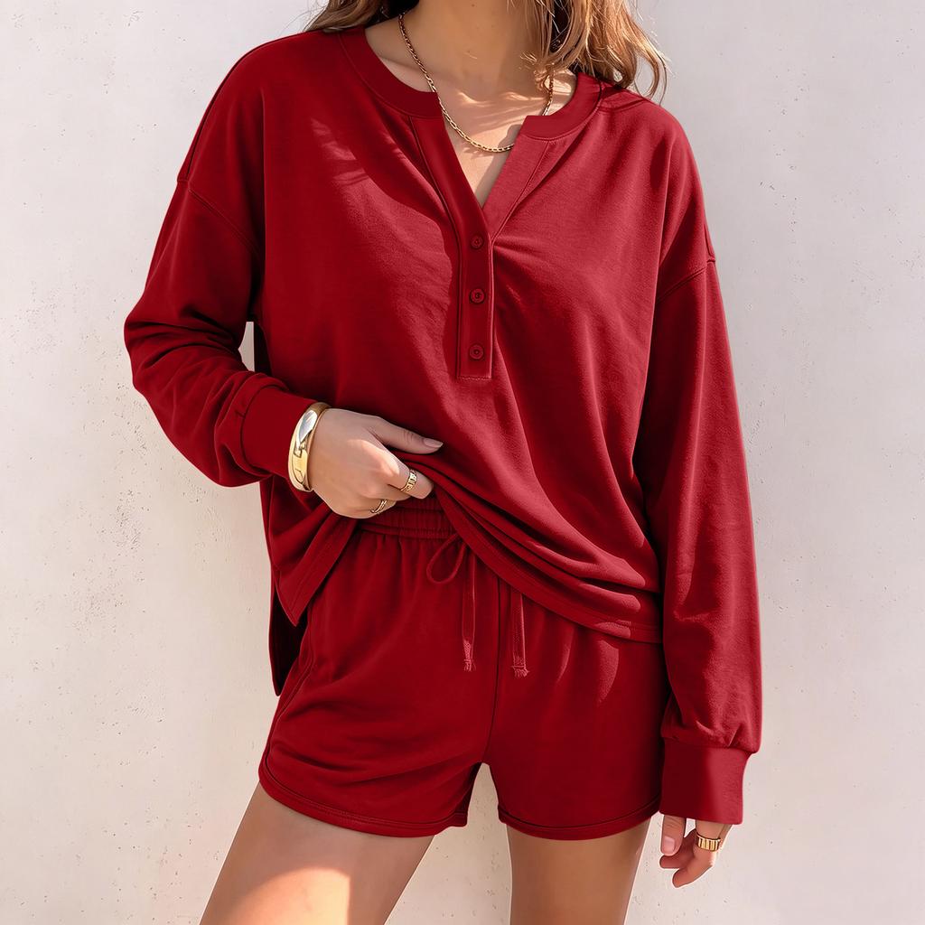 Women's Casual Long Sleeve Top and Shorts 2 Piece Set for Fall Winter
