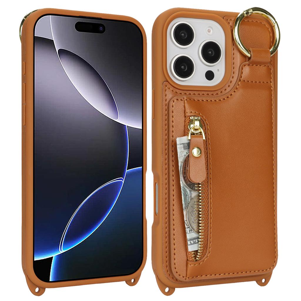 Applicable To iPhone16 Mobile Phone Case 16Pro Solid Color Zipper Change Bag Insert Card Ring Bracket Oblique Span Protective Case