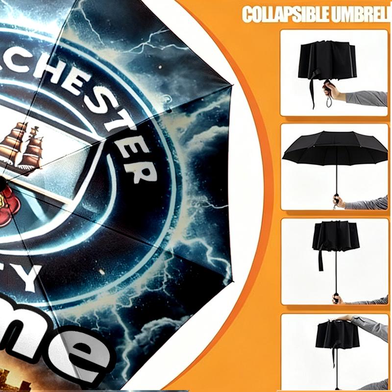Custom Name Personalized Manchester City FC Print Umbrella, Auto Open Close, 8‑Rib Sturdy Frame, Commute Camping Hiking Use, Birthday Gift