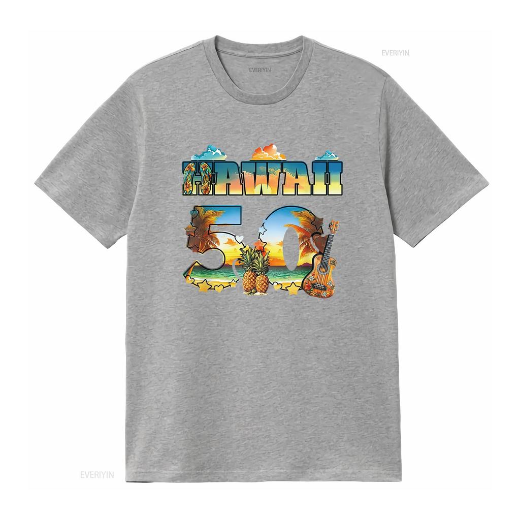 Hawaii 50. Bundesstaat Hawaiianischer Strand Hibiskus 50 Maui Damen Sommer T-Shirt Lässig und Bequem vintage gewaschen Atmungsaktiv